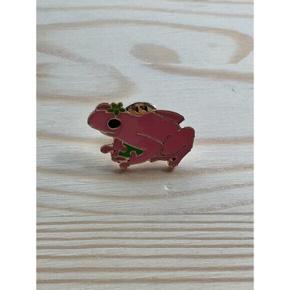 Pink Frog Enamel Pin With Green Flower & Gold-Tone Backing - Picture 1 of 3